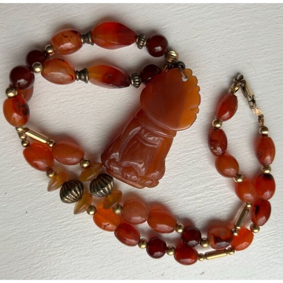 14k GF Carnelian Agate Beaded Necklace with Carved Guan Yin Buddhist - Picture 8 of 13